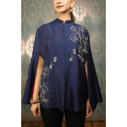 Tanu Malhotra Blue Silk Floral Embroidered Cape