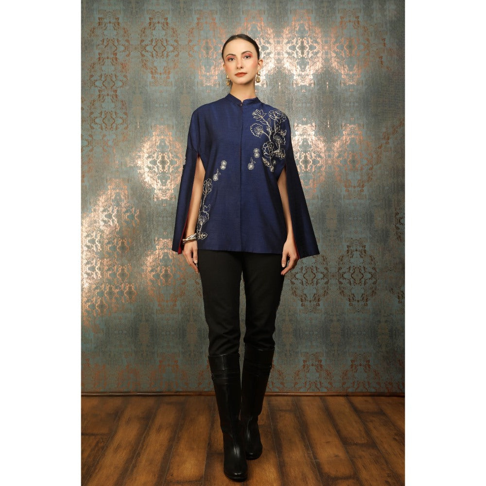 Tanu Malhotra Blue Silk Floral Embroidered Cape