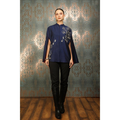 Tanu Malhotra Blue Silk Floral Embroidered Cape
