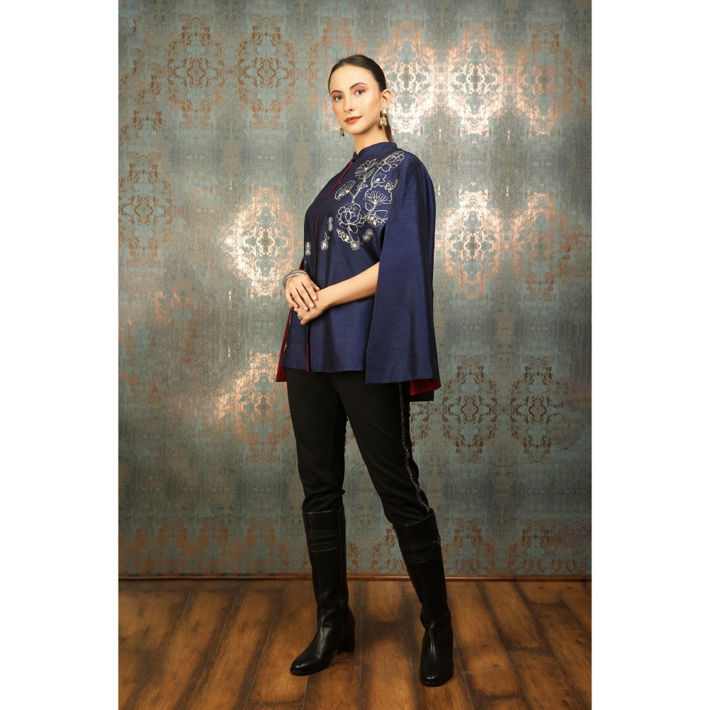 Tanu Malhotra Blue Silk Floral Embroidered Cape