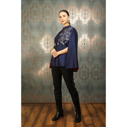 Tanu Malhotra Blue Silk Floral Embroidered Cape