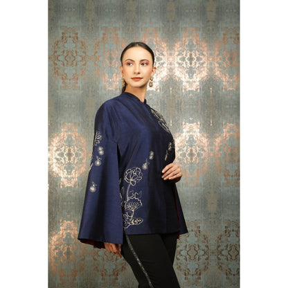 Tanu Malhotra Blue Silk Floral Embroidered Cape