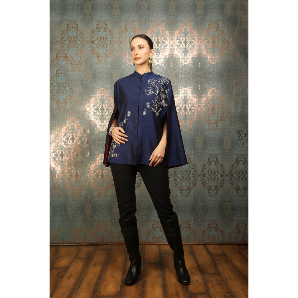 Tanu Malhotra Blue Silk Floral Embroidered Cape