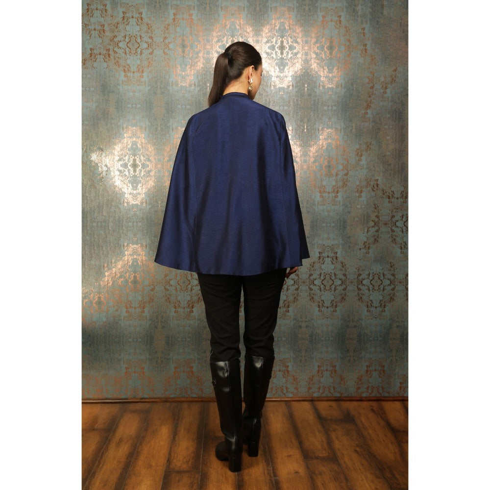 Tanu Malhotra Blue Silk Floral Embroidered Cape