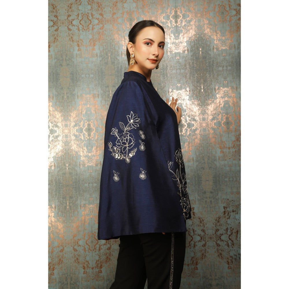 Tanu Malhotra Blue Silk Floral Embroidered Cape