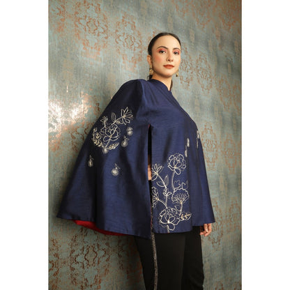 Tanu Malhotra Blue Silk Floral Embroidered Cape