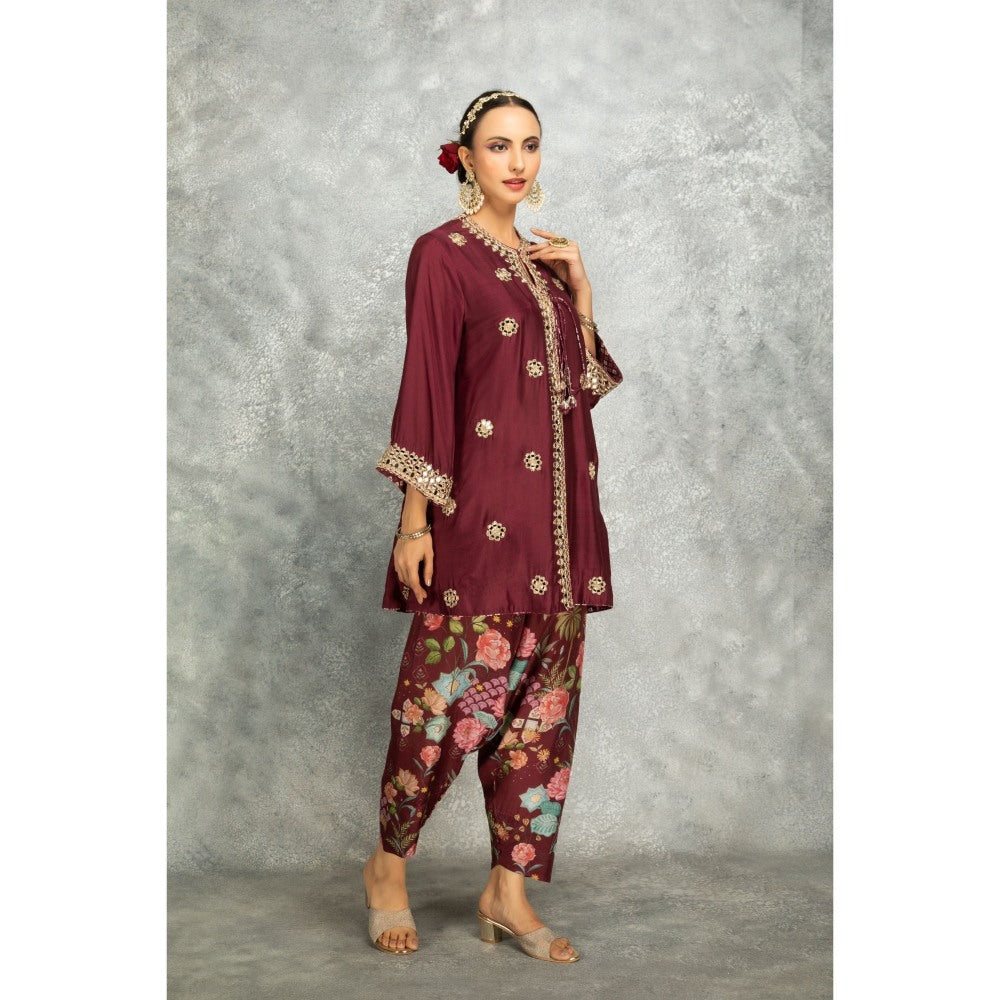 Tanu Malhotra Wine Mirror Embroidered Kurta with Salwar and Dupatta (Set of 3)