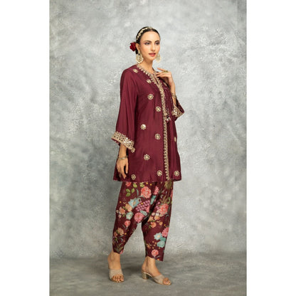 Tanu Malhotra Wine Mirror Embroidered Kurta with Salwar and Dupatta (Set of 3)