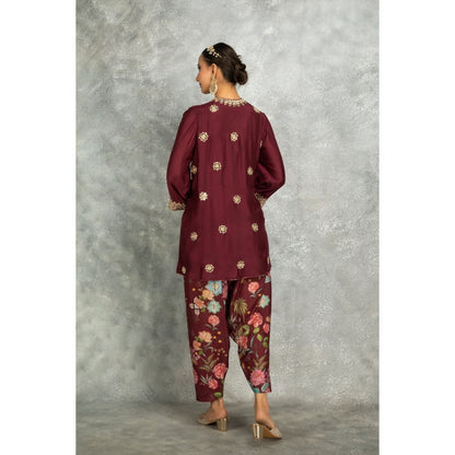Tanu Malhotra Wine Mirror Embroidered Kurta with Salwar and Dupatta (Set of 3)