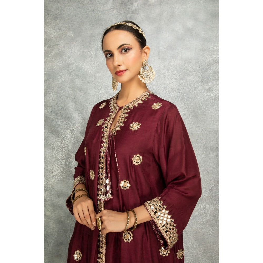 Tanu Malhotra Wine Mirror Embroidered Kurta with Salwar and Dupatta (Set of 3)