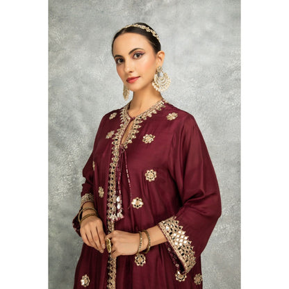 Tanu Malhotra Wine Mirror Embroidered Kurta with Salwar and Dupatta (Set of 3)