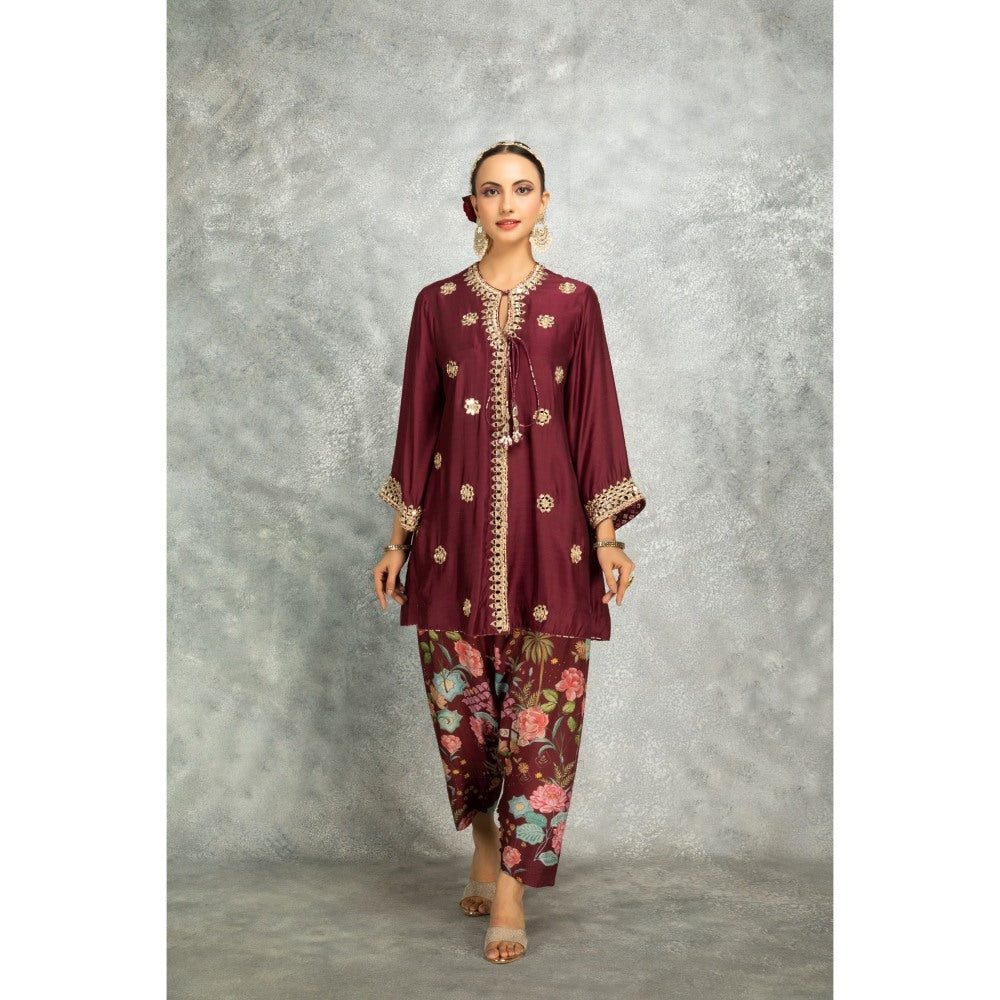 Tanu Malhotra Wine Mirror Embroidered Kurta with Salwar and Dupatta (Set of 3)