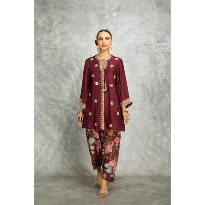 Tanu Malhotra Wine Mirror Embroidered Kurta with Salwar and Dupatta (Set of 3)