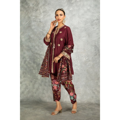 Tanu Malhotra Wine Mirror Embroidered Kurta with Salwar and Dupatta (Set of 3)