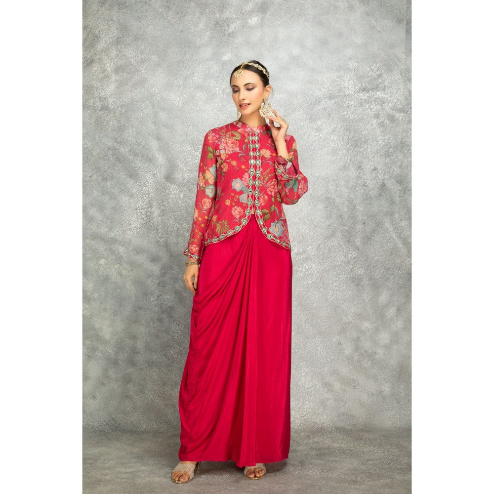 Tanu Malhotra Hot Pink Embroidered Printed Jacket with Drape Skirt (Set of 2)