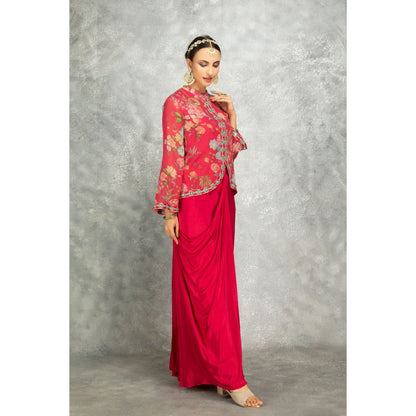 Tanu Malhotra Hot Pink Embroidered Printed Jacket with Drape Skirt (Set of 2)