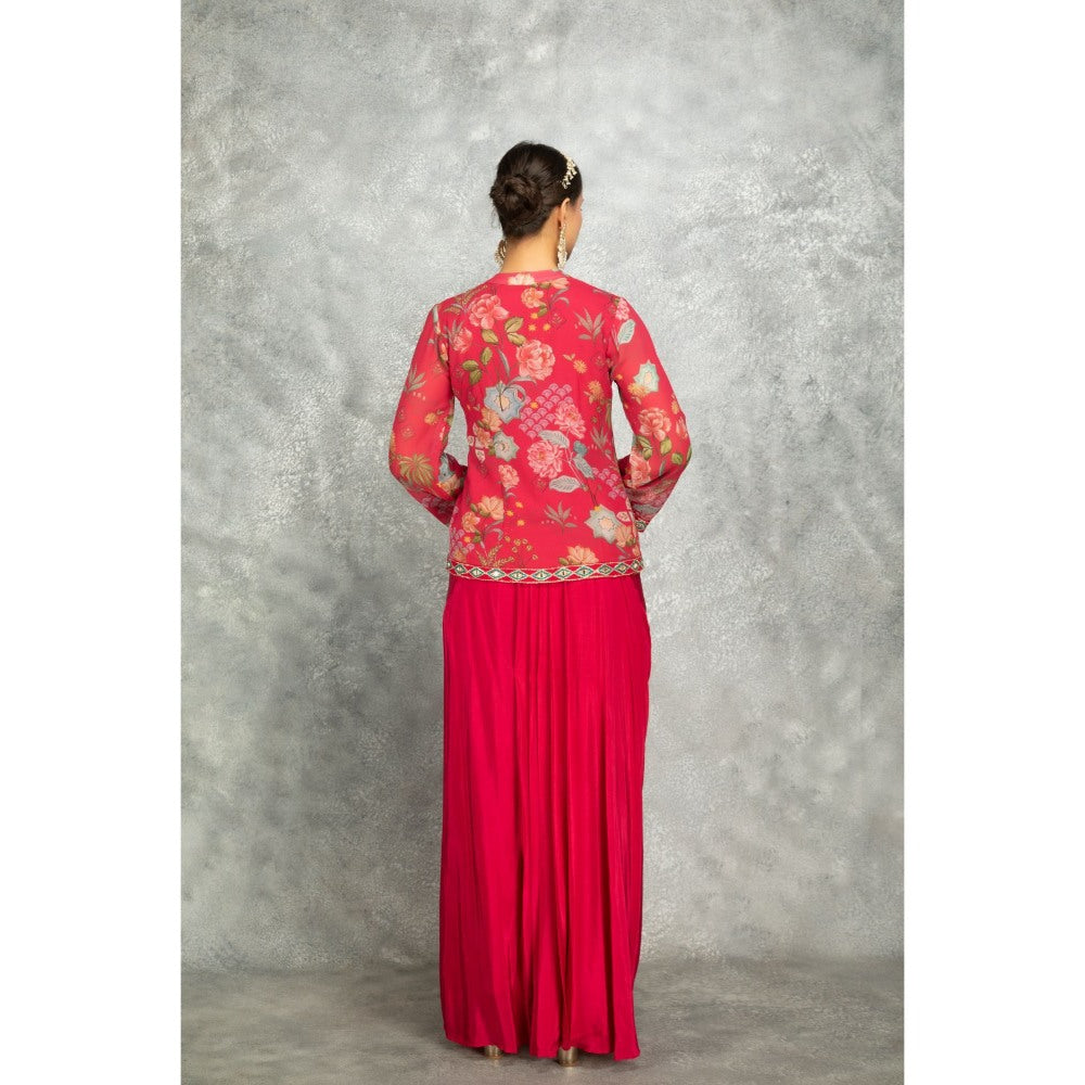 Tanu Malhotra Hot Pink Embroidered Printed Jacket with Drape Skirt (Set of 2)