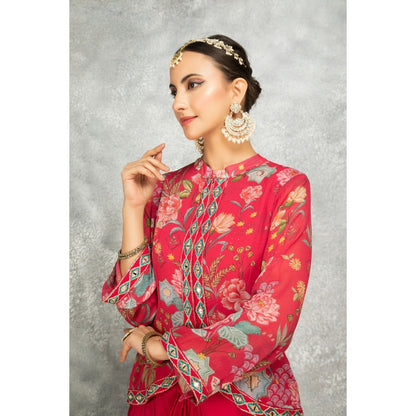 Tanu Malhotra Hot Pink Embroidered Printed Jacket with Drape Skirt (Set of 2)