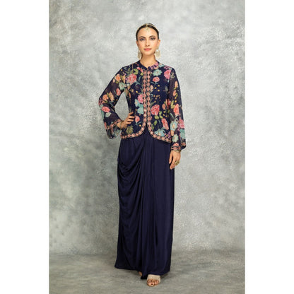 Tanu Malhotra Navy Blue Embroidered Printed Jacket with Drape Skirt (Set of 2)