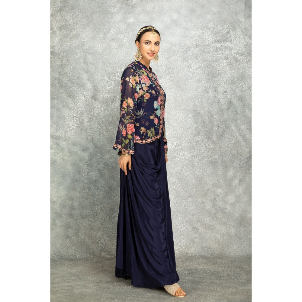 Tanu Malhotra Navy Blue Embroidered Printed Jacket with Drape Skirt (Set of 2)