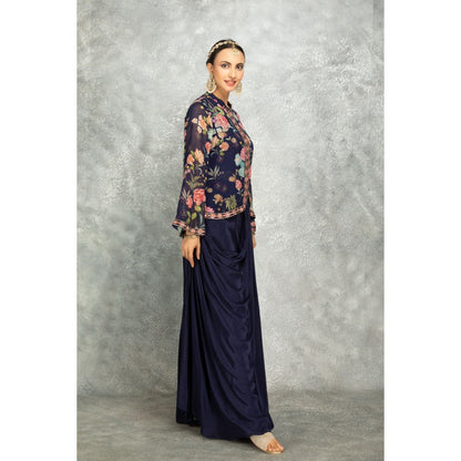 Tanu Malhotra Navy Blue Embroidered Printed Jacket with Drape Skirt (Set of 2)