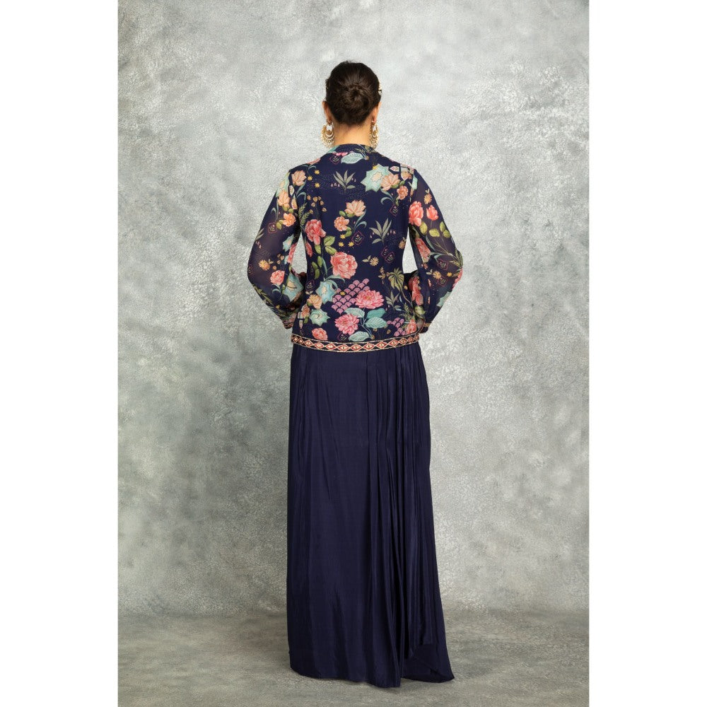 Tanu Malhotra Navy Blue Embroidered Printed Jacket with Drape Skirt (Set of 2)