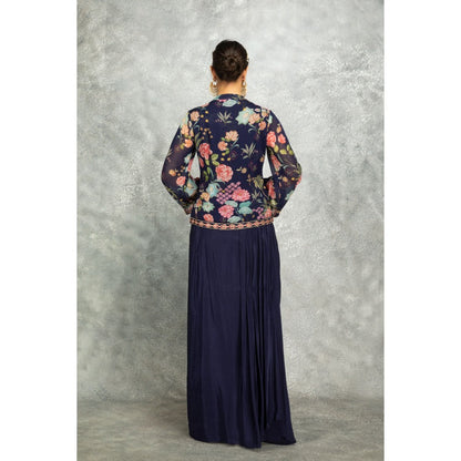 Tanu Malhotra Navy Blue Embroidered Printed Jacket with Drape Skirt (Set of 2)