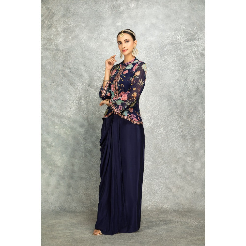 Tanu Malhotra Navy Blue Embroidered Printed Jacket with Drape Skirt (Set of 2)
