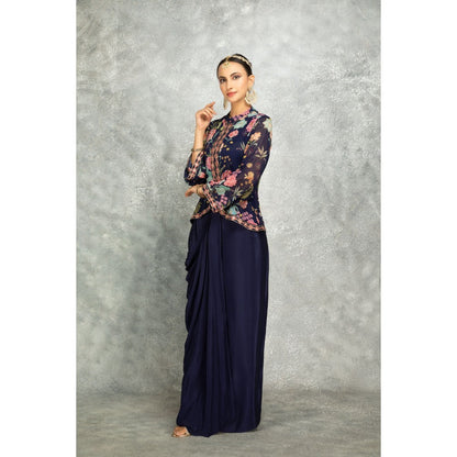 Tanu Malhotra Navy Blue Embroidered Printed Jacket with Drape Skirt (Set of 2)