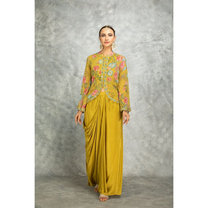 Tanu Malhotra Yellow Embroidered Printed Jacket with Drape Skirt (Set of 2)