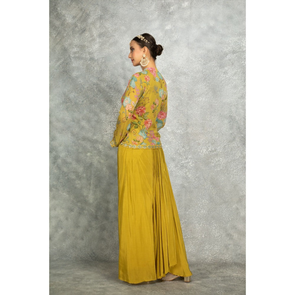 Tanu Malhotra Yellow Embroidered Printed Jacket with Drape Skirt (Set of 2)