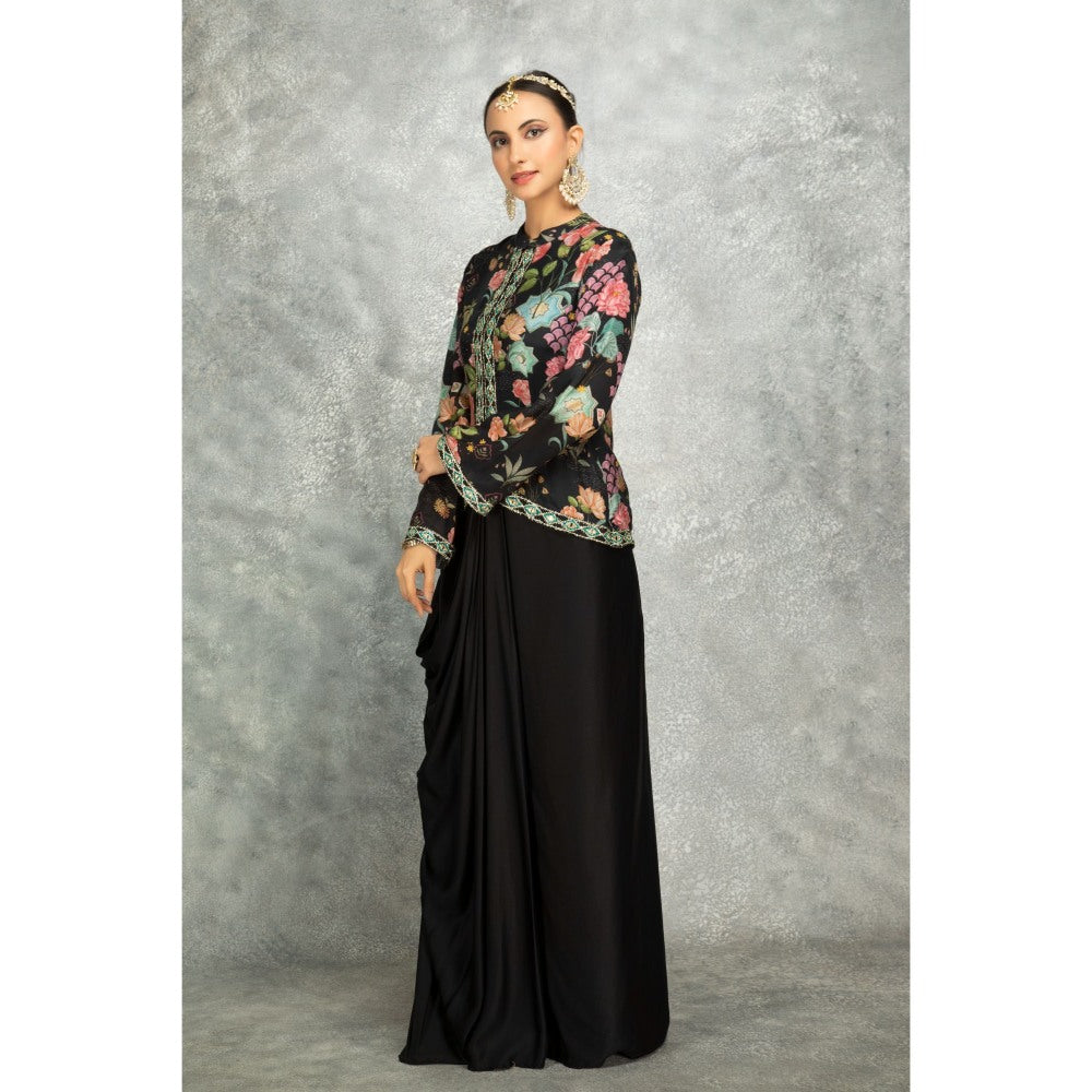 Tanu Malhotra Black Embroidered Printed Jacket with Drape Skirt (Set of 2)