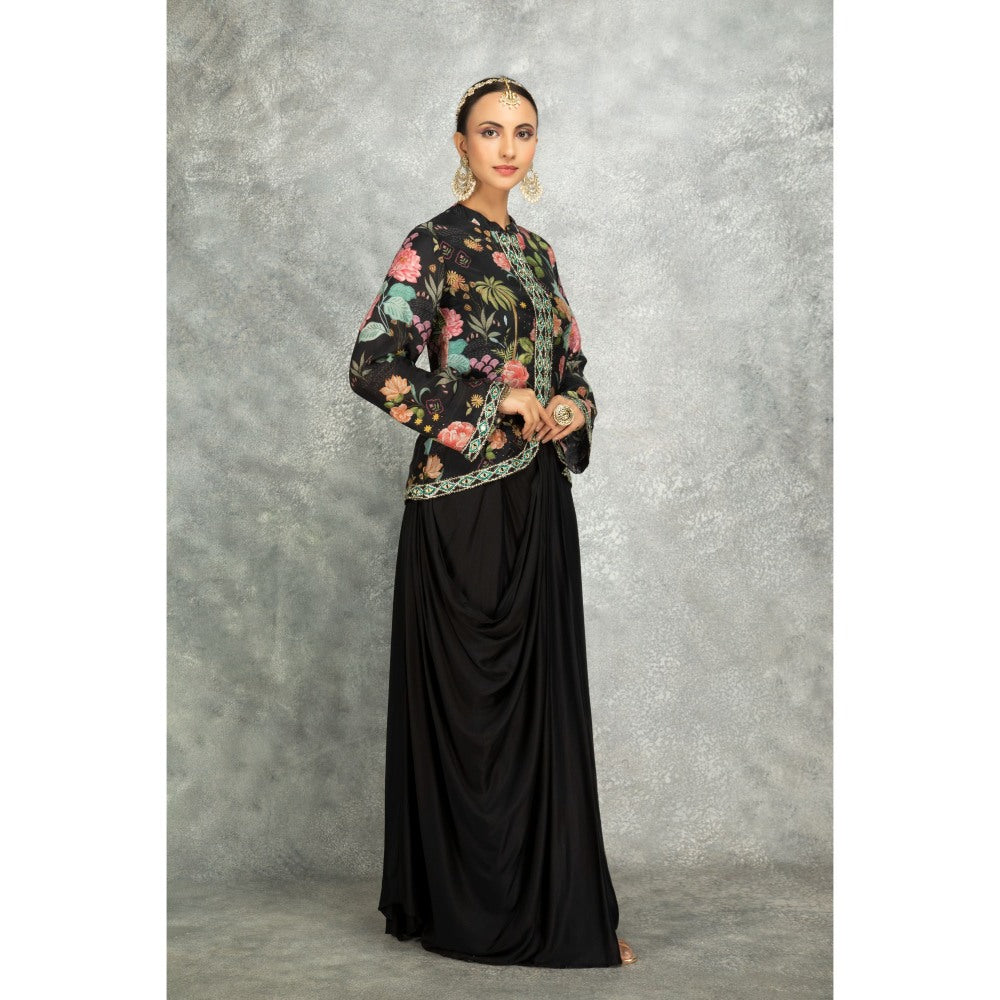 Tanu Malhotra Black Embroidered Printed Jacket with Drape Skirt (Set of 2)
