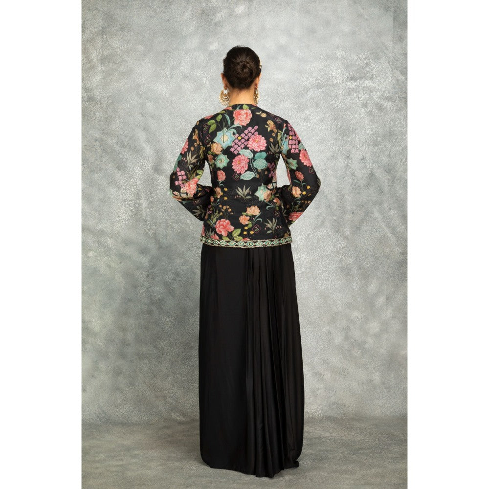 Tanu Malhotra Black Embroidered Printed Jacket with Drape Skirt (Set of 2)