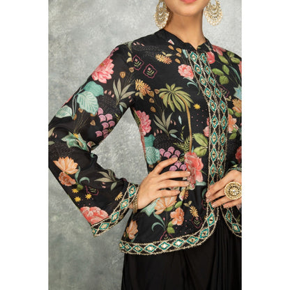 Tanu Malhotra Black Embroidered Printed Jacket with Drape Skirt (Set of 2)