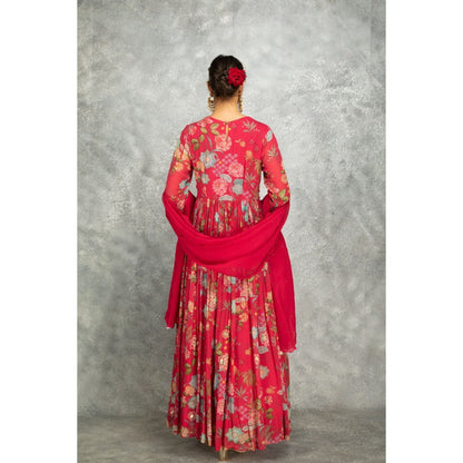Tanu Malhotra Hot Pink Anarkali with Churidar and Dupatta (Set of 3)