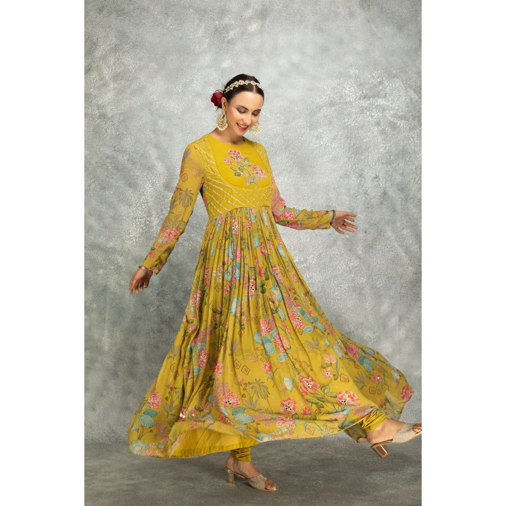 Tanu Malhotra Yellow Anarkali with Churidar and Dupatta (Set of 3)