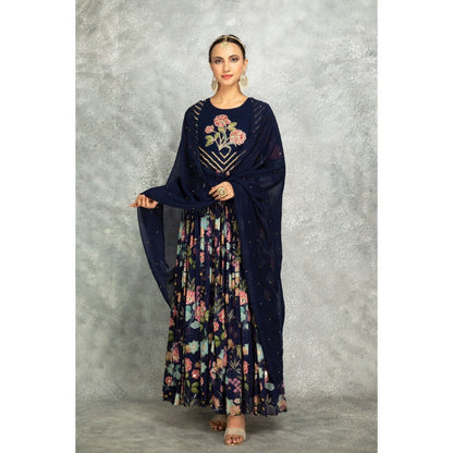 Tanu Malhotra Blue Anarkali with Churidar and Dupatta (Set of 3)