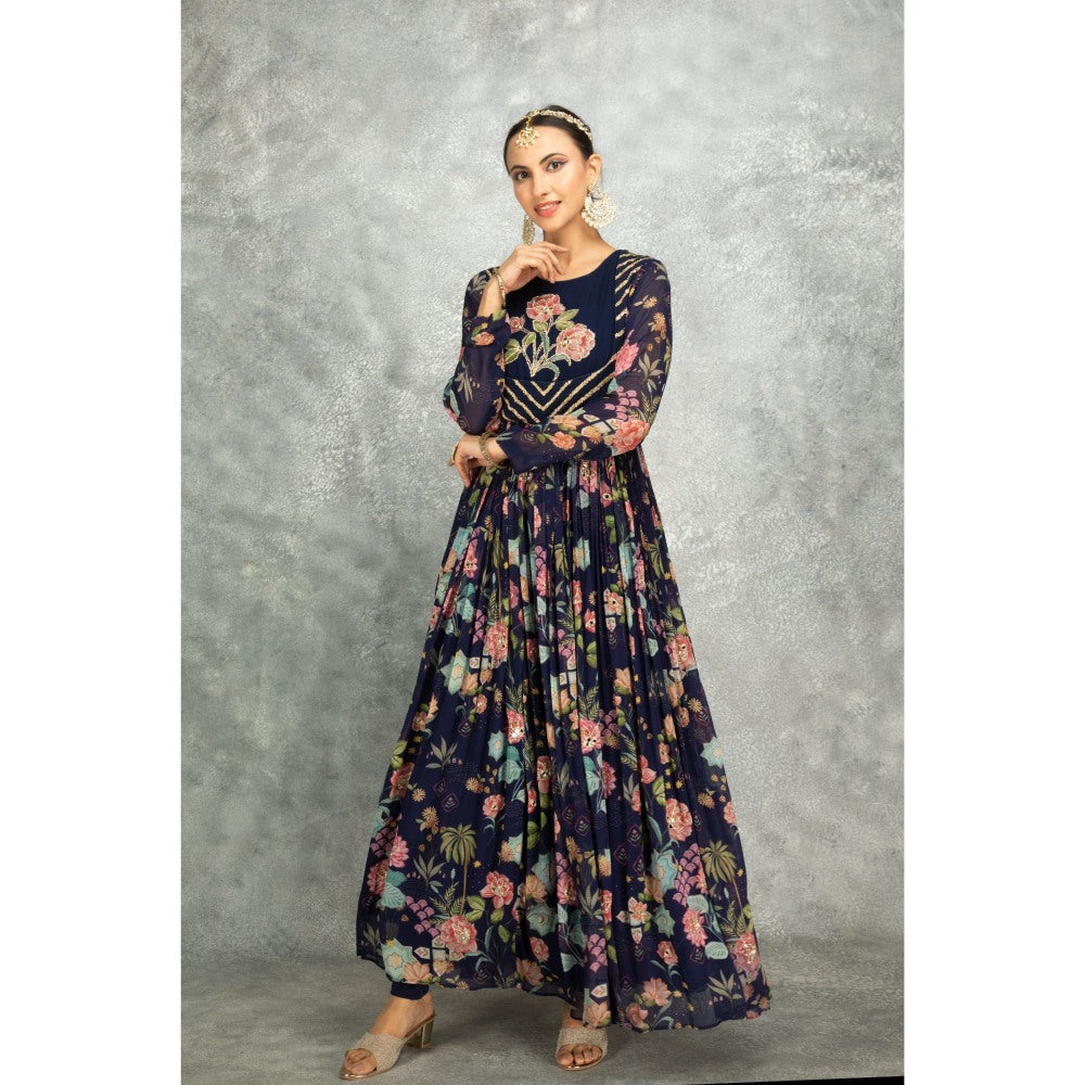 Tanu Malhotra Blue Anarkali with Churidar and Dupatta (Set of 3)