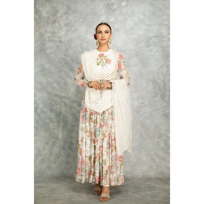 Tanu Malhotra White Anarkali with Churidar and Dupatta (Set of 3)