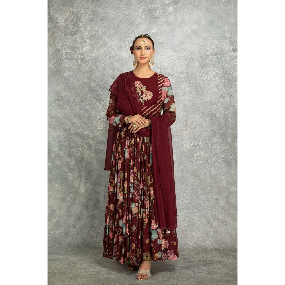 Tanu Malhotra Maroon Anarkali with Churidar and Dupatta (Set of 3)