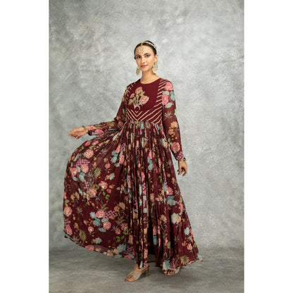 Tanu Malhotra Maroon Anarkali with Churidar and Dupatta (Set of 3)
