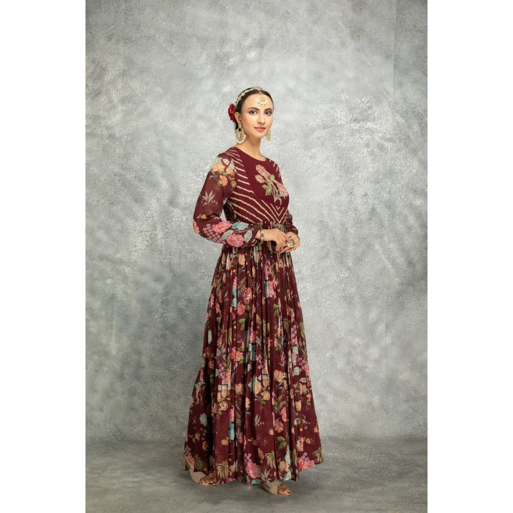 Tanu Malhotra Maroon Anarkali with Churidar and Dupatta (Set of 3)
