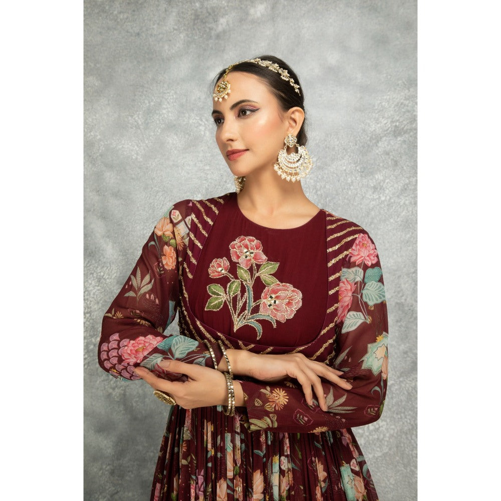 Tanu Malhotra Maroon Anarkali with Churidar and Dupatta (Set of 3)