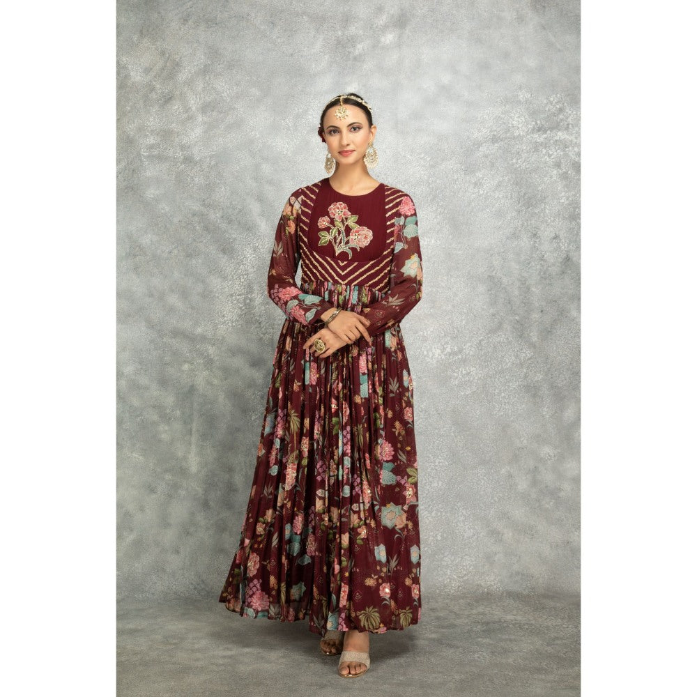 Tanu Malhotra Maroon Anarkali with Churidar and Dupatta (Set of 3)