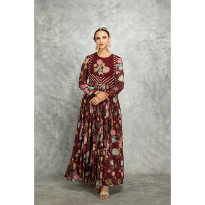 Tanu Malhotra Maroon Anarkali with Churidar and Dupatta (Set of 3)