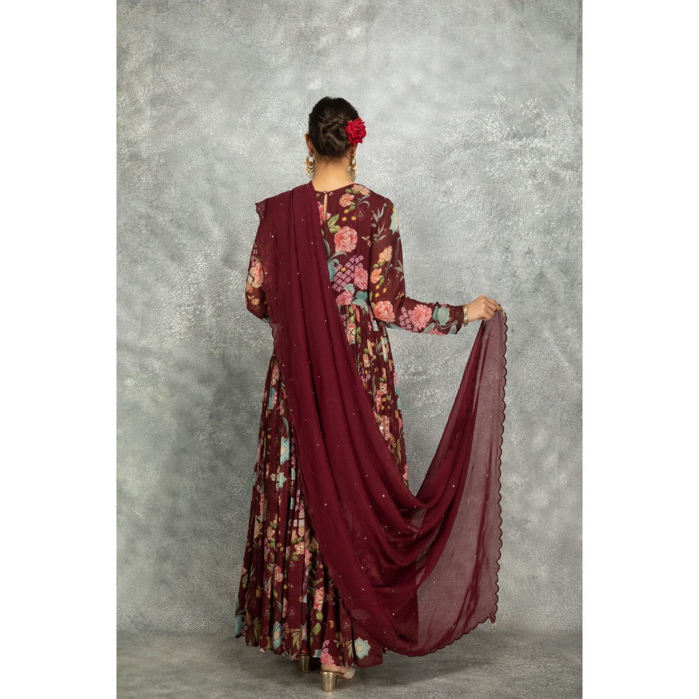 Tanu Malhotra Maroon Anarkali with Churidar and Dupatta (Set of 3)