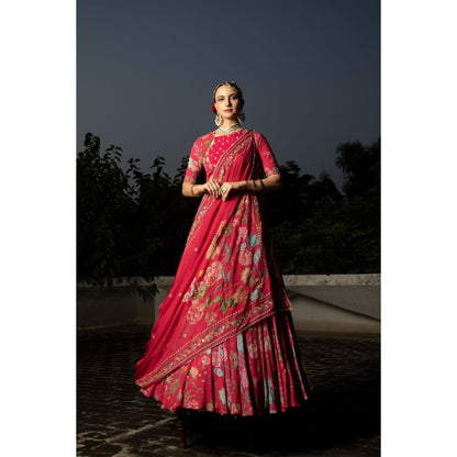 Tanu Malhotra Hot Pink Embroidered Lehenga with Blouse and Dupatta (Set of 3)