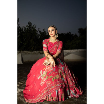 Tanu Malhotra Hot Pink Embroidered Lehenga with Blouse and Dupatta (Set of 3)