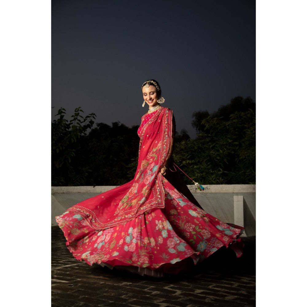 Tanu Malhotra Hot Pink Embroidered Lehenga with Blouse and Dupatta (Set of 3)